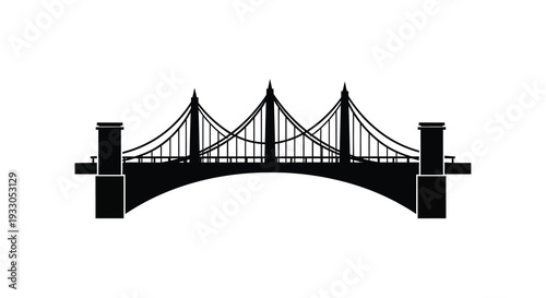 A stark black graphic depicts a suspension bridge with prominent towers and cables presented as a silhouette high quality