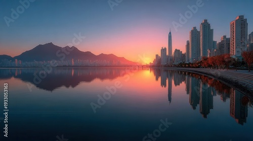 Sunset Over a Modern City Skyline Reflected in a Calm River