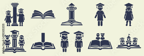 Education Icons: Graduation Caps, Books, Pillars & Schools. Flat Design Vector Illustration