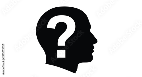 A stark black silhouette of a human head contains a prominent white question mark symbolizing uncertainty and thought silhouette