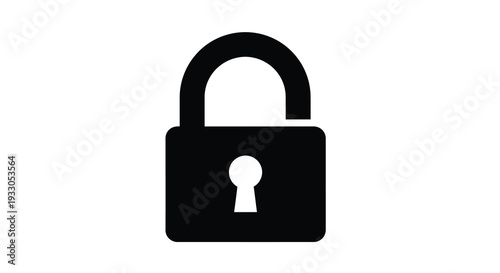 A stark black outline depicts an open padlock symbolizing security and freedom presented as a silhouette high quality professional