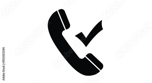 A stark black silhouette depicts a telephone handset combined with a checkmark symbolizing communication and confirmation high quality professional
