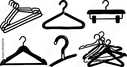 Hand drawn sketch close up of stacked black hangers overlapping in a messy pile on white background minimal monochrome mood