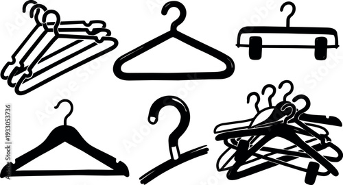 Hand drawn line art hangers arranged in varied poses black and white vector set close up flat style high contrast