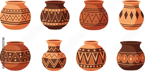 Traditional Clay Pot Set with Decorative Ceramic Vases, Ancient Pottery Jugs, and Earthenware Pitchers with Tribal Pattern Designs.