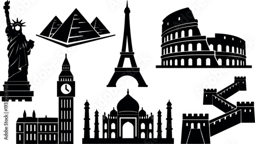 Minimalist silhouette vector of famous landmarks including statue of liberty pyramids eiffel tower colosseum big ben taj mahal great wall
