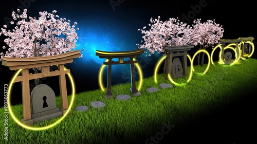 A luminous path winding through ancient gates, representing timeless wisdom and longevity.