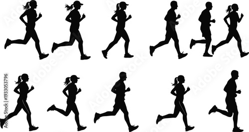 Running people silhouettes vector set, men women jogging fitness training motion isolated black figures