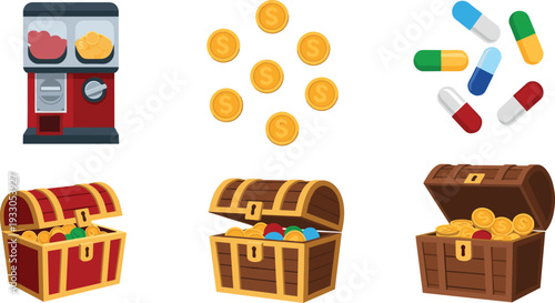 Treasure Chest Illustration Set with Open Wood Trunks Full of Gold Coins, Gumball Vending Machine, and Colorful Medicine Pills.