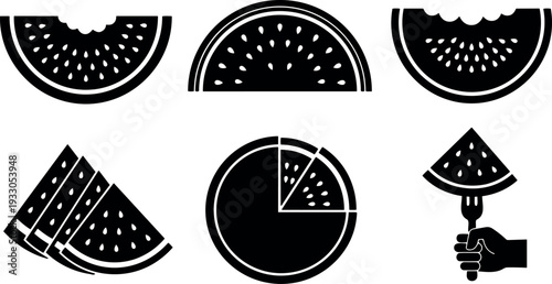 Flat design watermelon icon set six silhouettes slices whole pie hand holding slice on fork simple bold contrast monochrome vector