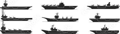 Aircraft carrier warship silhouette icon set isolated on gray background, navy military vessel with fighter jets vector collection for defense design
