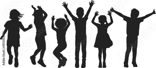 Silhouette illustration of children jumping with raised arms in playful poses, representing happiness, energy, diversity, childhood joy, and active lifestyle design concept