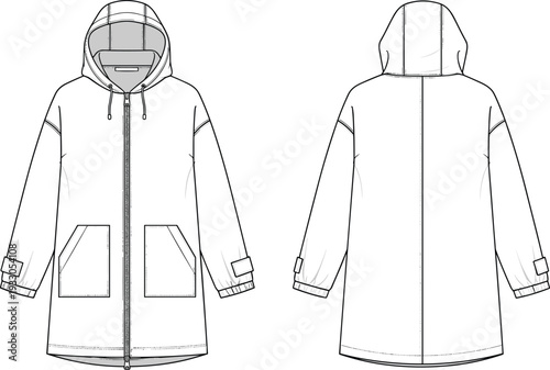 Long Hooded Parka Jacket Technical Fashion Flat Sketch Template with Front and Back Views Isolated on White