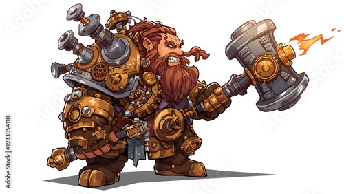 Steampunk Dwarf Warrior with Mechanical Hammer Character Art