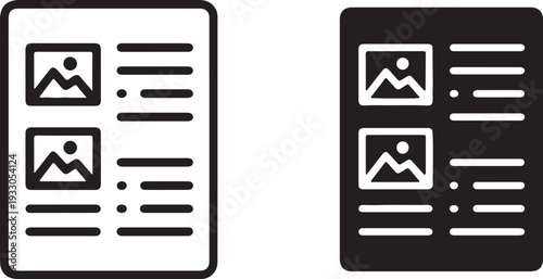 Simple black and white newspaper icon in stack design,News Article Layout Icon Set on white background