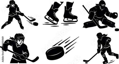 Silhouette vector hockey action set with goalie skates puck and female players in dynamic shots low angle motion intense black
