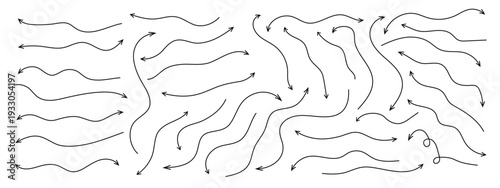 Various black brush drawn curved arrows. Collection doodle marker thick arrows in different directions.,Black pencil arrow, Grunge rough direction shape for design. Vector brush strokes