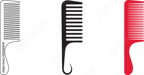 Set of three comb icons in different styles outline filled and colored