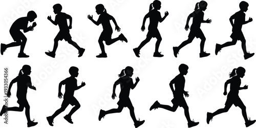Kids running silhouette vector set, children jogging motion activity animation frames playful fitness illustration
