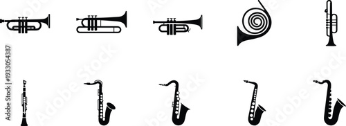 Brass musical instruments silhouette icon set isolated on gray background, trumpet, saxophone, clarinet and horn vector collection for band design