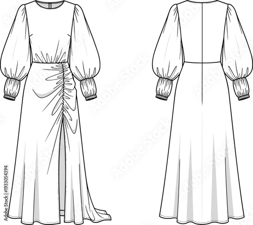 Long Sleeve Ruched Maxi Dress Technical Fashion Flat Sketch with Front and Back Views Isolated on White Background