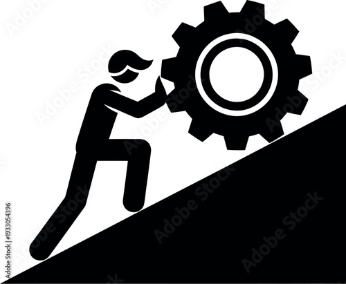 A person pushing a large gear up an incline, symbolizing hard work and progress.