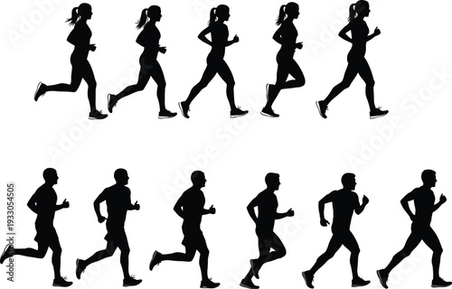 Male and female running silhouettes vector set, side view jogging sprint fitness motion illustration