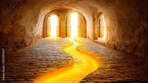A luminous path winding through ancient gates, representing timeless wisdom and longevity.