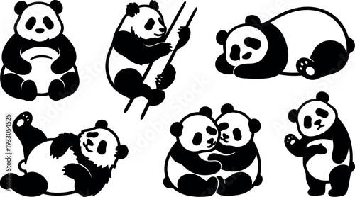 Flat design panda set showing six playful black and white silhouettes cuddling climbing waving and resting in simple vector style