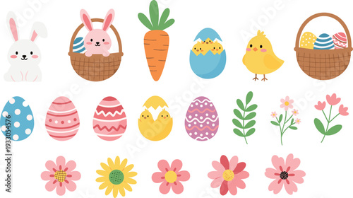 Cute Easter Spring Vector Set with Bunny, Decorated Eggs, Chicks, Flowers and Basket Cartoon Illustration
