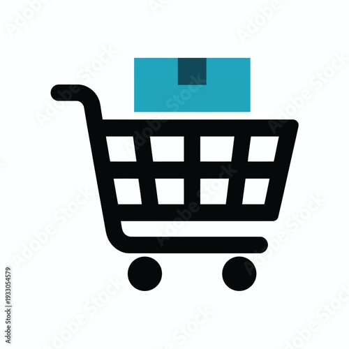 Minimalist shopping cart icon with teal package symbolizing online retail and e commerce delivery services