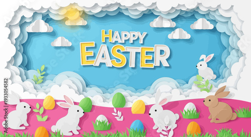 Easter celebration illustration featuring decorative eggs and floral wreath on dark blue background viewed from directly above
