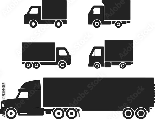 Cargo delivery truck silhouette icon set isolated on gray background, transport logistics vehicle collection for shipping and freight design