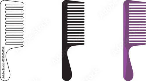 Set of three combs outline filled black and purple on transparent background isolated icons