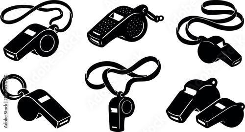 Minimalist vector whistle icons six variations on lanyards close up black silhouettes view sports referee emergency metal plastic flat design