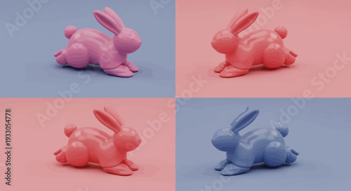 Four colored rabbit figurines displayed on different pastel colored backgrounds from a top-down viewpoint