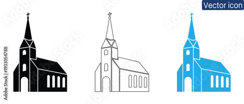 Modern church building icons in a set of three color variations