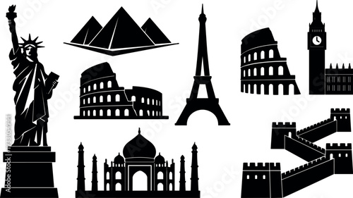 Flat design landmarks collage showing statue of liberty pyramids colosseum eiffel tower big ben taj mahal great wall black silhouette