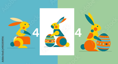 Colorful Easter bunnies and eggs in a festive spring scene from a straightforward view