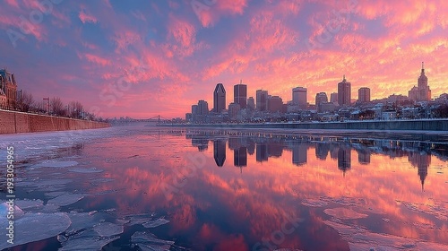 Sunrise over a city skyline reflected in icy river waters