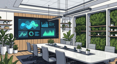 Modern conference room with large screen displaying data analysis and green wall.