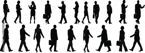 Silhouette collection of professional business people walking and standing with briefcases isolated on white background vector,