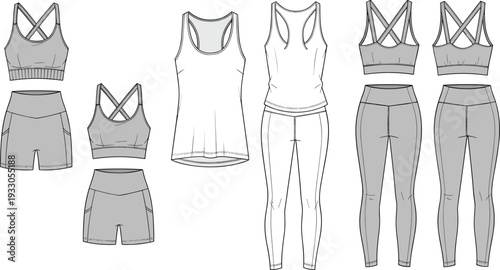 Women Sportswear Set Technical Fashion Flat Sketch Template Including Sports Bra Tank Top Shorts and Leggings Views