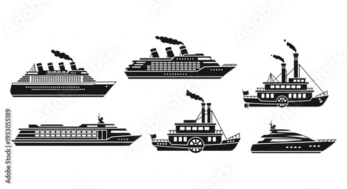 Collection of various detailed ship silhouettes against a white background.