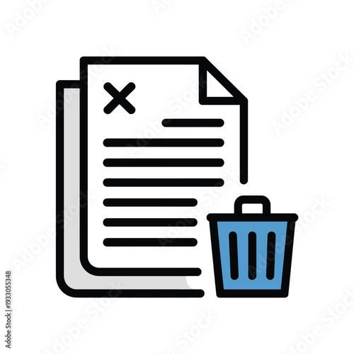 Stack of crumpled papers with bold red x marking discarded alongside blue trash bin symbolizing error or rejection