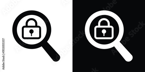 Magnifying glass focused on a locked padlock. Perfect for security auditing, finding vulnerabilities, or verification concepts. Flat vector design in two styles.