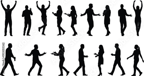 People communication silhouettes vector set, men women talking walking gesturing isolated black figures