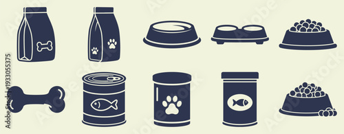 Pet Food Icons Set: Bags, Cans, Bowls & Bone. Flat Design Vector Illustration