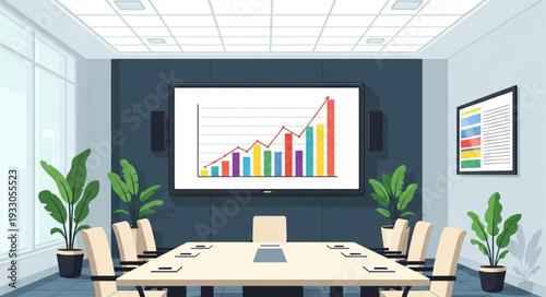 Business meeting room with a large screen displaying a financial graph for analysis.