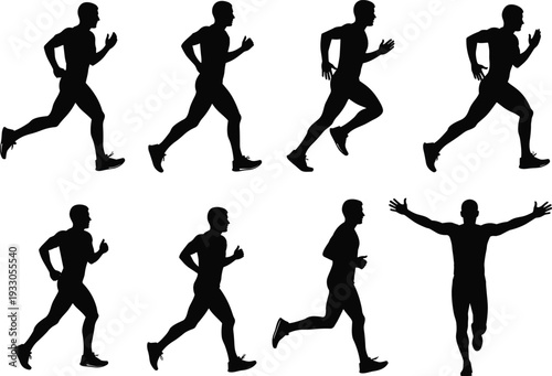 Male running silhouette vector set, athlete sprinting jogging motion fitness exercise side view illustration